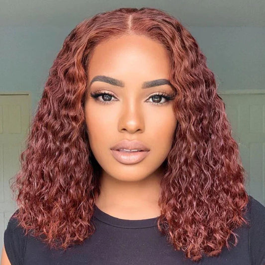 14 Inches 4x4 Pre-plucked Reddish Brown Curly Glueless Lace Closure Wig-100% Human Hair