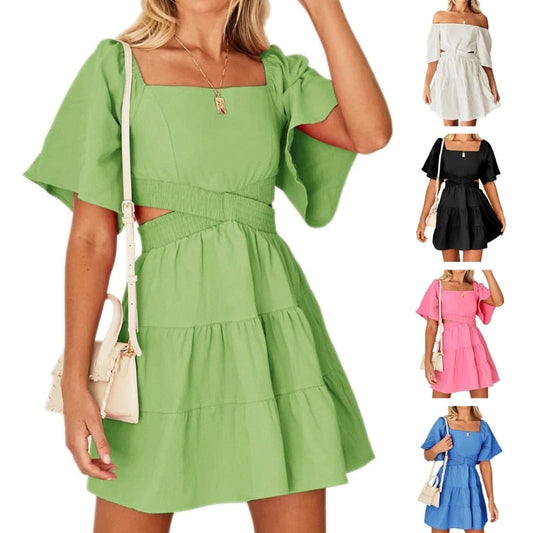 Barbie Dress Shy Velvet Women's Summer Dress Square Neck Short Sleeves Crossover Waist Casual Party Mini Dress